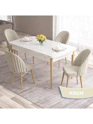 Canisa Concept Roz Serisi 80X132 Mdf Beyaz Mutfak Masa Takımı Doğal Ahşap Ayak Beyaz Kafes 4 Sandalye  Gold Halka