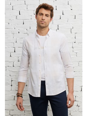 Altınyıldız Classics Erkek Bej-beyaz Slim Fit Dar Kesim Düğmeli Yaka %100 Pamuk Çizgili Gömlek