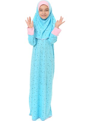 Kız Çocuk Namaz Elbisesi Yıldız Desenli Kolu Manşetli