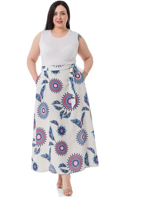 Disentis Modest Büyük Beden Beli Arkadan Lastikli Kuşaklı Cepli Kloş Mavi Desenli Etek