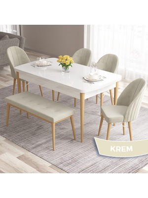 Canisa Concept Roz Serisi 80X132 Mdf Beyaz Mutfak Masası Beyaz Kafesli 4 Sandalye ve 1 Bench Gold Halkalı