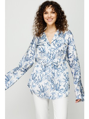 Ekol Kadın Beli Büzgülü Desenli Gömlek 5014 Mavi