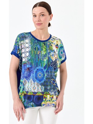 Desen Triko Kadın Sıfır Yaka Önü Desenli Penye T-Shirt 23712 Saks