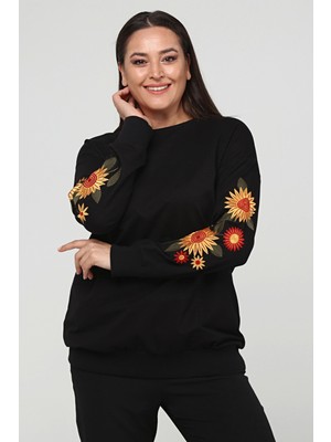 Ebsumu Kadın Büyük Beden Kolları Çiçek Nakışlı Uzun Siyah Sweatshirt