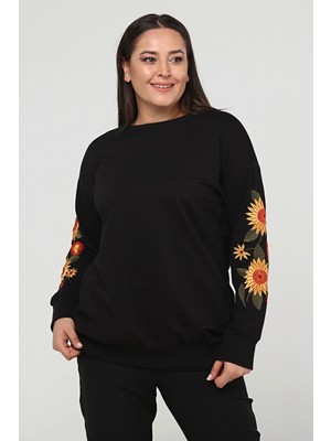 Ebsumu Kadın Büyük Beden Kolları Çiçek Nakışlı Uzun Siyah Sweatshirt