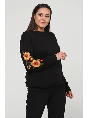 Ebsumu Kadın Büyük Beden Kolları Çiçek Nakışlı Uzun Siyah Sweatshirt