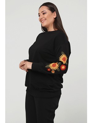 Ebsumu Kadın Büyük Beden Kolları Çiçek Nakışlı Uzun Siyah Sweatshirt