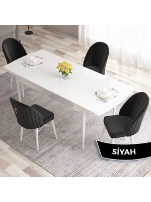Canisa Concept Roz Serisi 80X132 Mdf Açılabilir Beyaz Mutfak Masa Takımı 4 Sandalye Gold Halkalı
