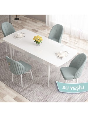 Canisa Concept Roz Serisi 80X132 Mdf Açılabilir Beyaz Mutfak Masa Takımı 4 Sandalye Gold Halkalı