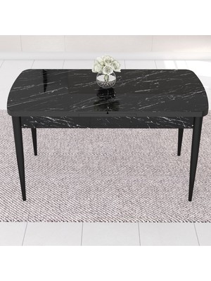 Canisa Concept Roz SERISI,80X132 Mdf Açılabilir Siyah Mermer Desen Mutfak Masası 4 Sandalye ve 1 Bench Gold Halka