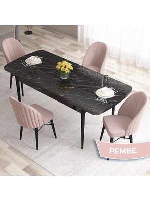 Canisa Concept Roz Serisi 80X132 Mdf Açılabilir Siyah Mermer Desen  Mutfak Masa Takımı 4 Sandalye Gold Halkalı