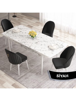 Canisa Concept Roz SERISI,80X132 Mdf Açılabilir Beyaz Mermer Desen Mutfak Masası Takımı 4 Sandalye Gold Halkalı