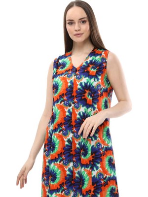 Likapa Kolsuz Pamuklu Viskon Rahat Turuncu Lacivert Modern Çiçekli Elbise