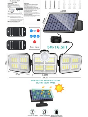 Technojet 122 Ledli Solar Güneş Enerjili Kumandalı Hareket Sensörlü Bahçe Aydınlatma Sokak Lambası