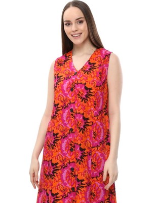 Likapa Kolsuz Pamuklu Viskon Rahat Turuncu Pembe Elbise