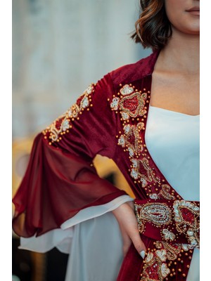 Sosyete Bordo Gold Volanlı Kaftan Bindallı BRD20