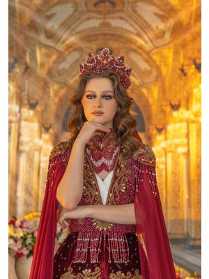 Sosyete Bordo Gold Şifon Kol Kaftan Bindallı BRD23