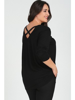 Curvy Trend Büyük Beden Sırt Çapraz Pul Şerit Uzun Kol Bluz Siyah