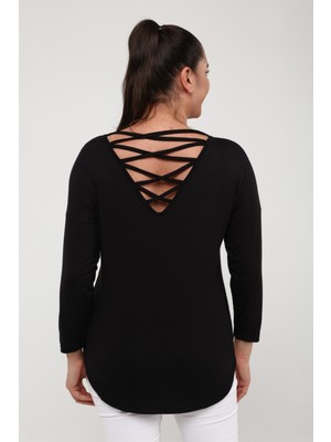 Curvy Trend Sırt Örgü Biyeli Yan Yırtmaç Uzun Kol Bluz Siyah