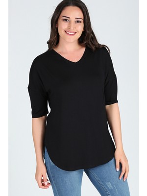 Curvy Trend Büyük Beden Yan Yırtmaç Yarım Kol Bluz Siyah