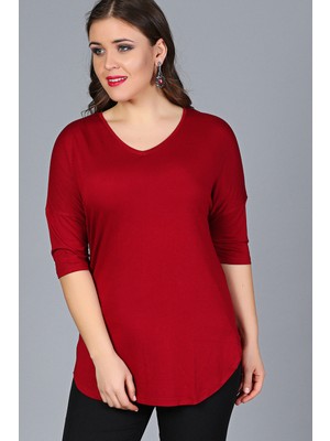 Curvy Trend Büyük Beden Yarım Kol Bluz Kadın V Yaka Bordo Düz Renk Şık Tasarım