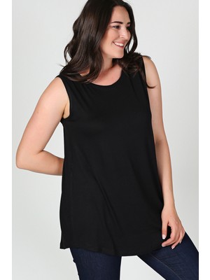 Curvy Trend Büyük Beden Kolsuz Viskon Basic Bluz Siyah