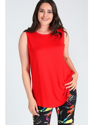 Curvy Trend Büyük Beden Kolsuz Viskon Basic Bluz Kırmızı