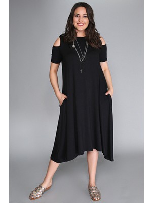Curvy Trend Siyah Omuz Dekolte Kloş Elbise Günlük Stil Özel Olay İçin Rahat Tasarım