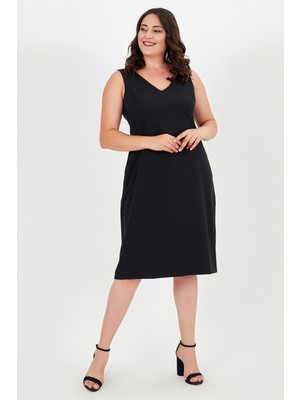 Curvy Trend Büyük Beden V Yaka Kolsuz Fermuarlı Siyah Elbise Bodycon Klasik Stil Özel Olay