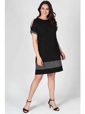 Curvy Trend Büyük Beden A-Line Silüet Günlük Stil Kol Ucu Simli Elbise