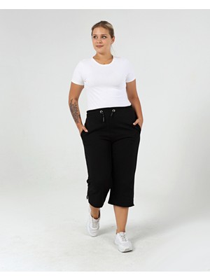 Curvy Trend Kadın Kapri Pantolon Beli Bağcıklı Yırtmaç Detaylı %95 Viskon Siyah