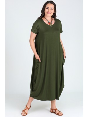 Curvy Trend Jumbo Kısa Kol Elbise Haki