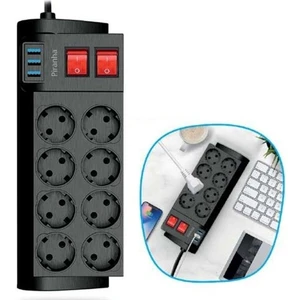 Isıya Dayanıklı Termal Akım Korumalı 2 Metre 16A 4000W 8'li Priz ve 3 USB'li Uzatma Kablosu