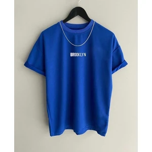 Erkek Mavi Brooklyn Baskılı Oversize Bisiklet Yaka Kısa Kollu Tshirt