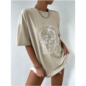 Bej Yüz Baskılı Oversize Tshirt