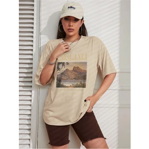 Bej Casmania Baskılı Oversize T-Shirt