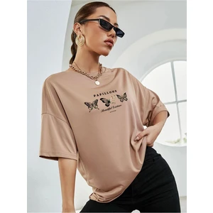 Bej Kelebek Baskılı Oversize T-Shirt