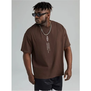 Kahverengi Göğüs Dikey Baskılı Oversize T-Shirt