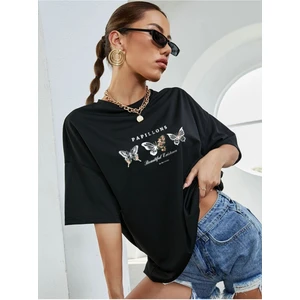 Siyah Kelebek Baskılı Oversize T-Shirt