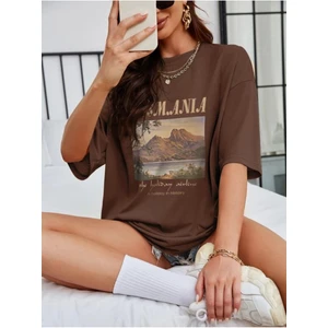 Kahverengi Casmania Baskılı Oversize T-Shirt