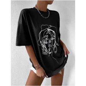Siyah Yüz Baskılı Oversize Tshirt