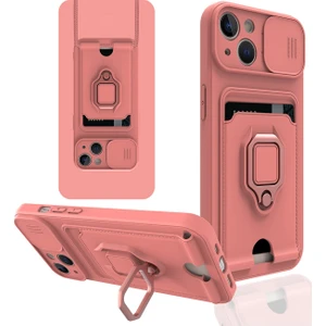 Happycase iPhone 14 Kılıf Zuma Kartvizitli Yüzüklü Silikon - Pembe