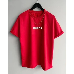 Erkek Kırmızı Brooklyn Baskılı Oversize Bisiklet Yaka Kısa Kollu Tshirt