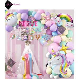 5 Harfli 1 Yaş Karakterli Unicorn Temalı Iyi Ki Doğdun Makaron Balon Doğum Günü Parti Kutlama Seti