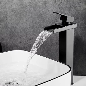 Rena Design Siyah Kare Çanak Lavabo Bataryası Şelale Model Uzun/yüksek Lavabo Musluğu Çift Girişli Armatür