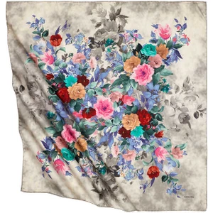 Bursa İpek Bej Buket Desen Ipeksi Eşarp