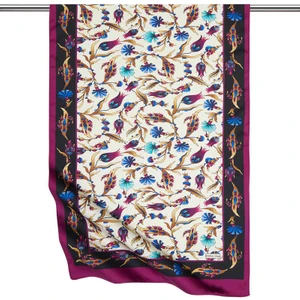 Bursa İpek Mor Siyah Karanfil Lale Desen Geniş Ipeksi Fular