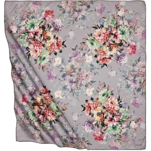 Bursa İpek Kahverengi Dörtçiçek Desen Ipeksi Eşarp