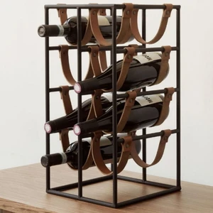 Dekoratif Metal Şaraplık Içecek Standı  8 Şişeli  Standı Metal Deri Bantlı Şaraplık