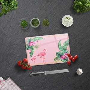 Tropik Yapraklar & Flamingo | Cam Kesme Tahtası - Cam Kesme Tablası | 20cm x 30cm